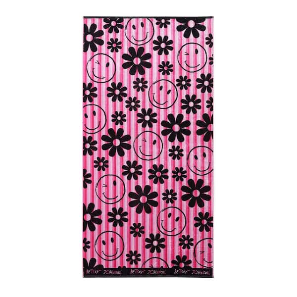 Smiley Daisy 1-Piece Pink/Black Cotton Blend Beach Towel