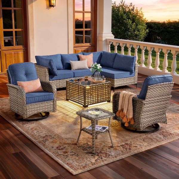 OVIOS Holly Gray 8-Piece Wicker Patio Conversation Set with Denim