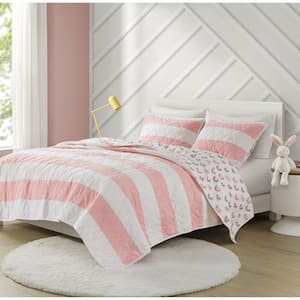Dakota 3-Piece Pink Full/Queen Cotton Cabana Stripe Reversible Quilt Set with Rainbow Reverse
