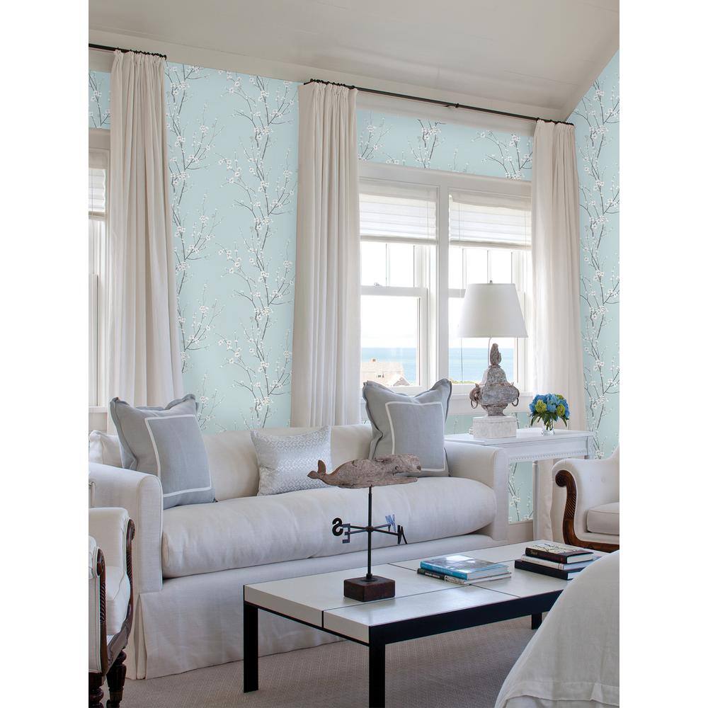 Sky Blue Floral Branch Vinyl-Coated Wallpaper