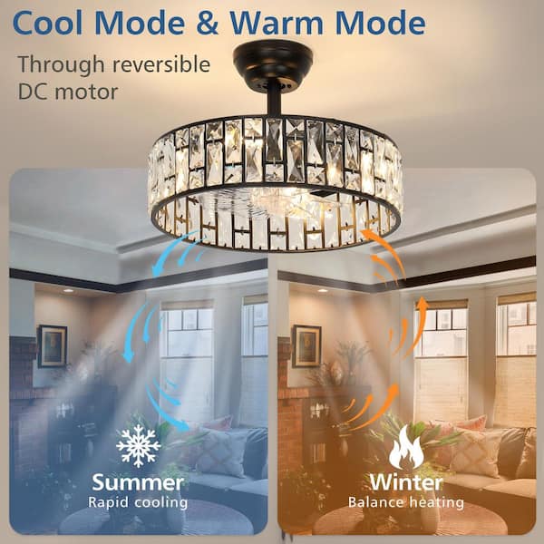 17.71 in. Indoor Modern Black Crystal Ceiling Fan with Light Luxury Fandelier with Silent Remote Reversible Fan Blades