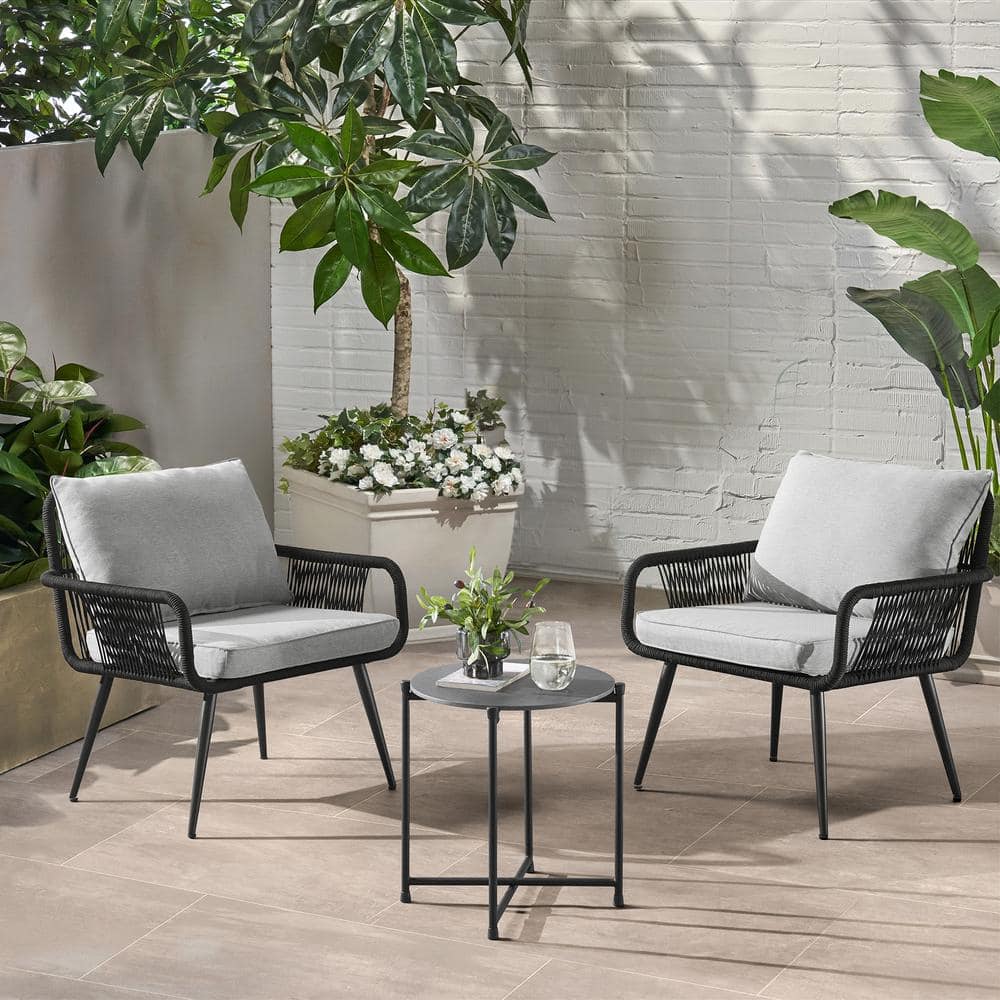 Andover Black Rope Chairs with Gray Cushions and Concrete Table