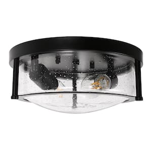 Industrial Series 11 in. 2-Light Black Flush Mount Ceiling Lamp with Seeded Glass Shade for Entryway Bedroom