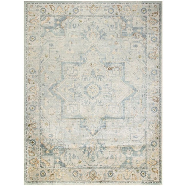 9 ft. x 12 ft. Blue and Ivory Floral Medallion Power Loom Distressed Washable Area Rug