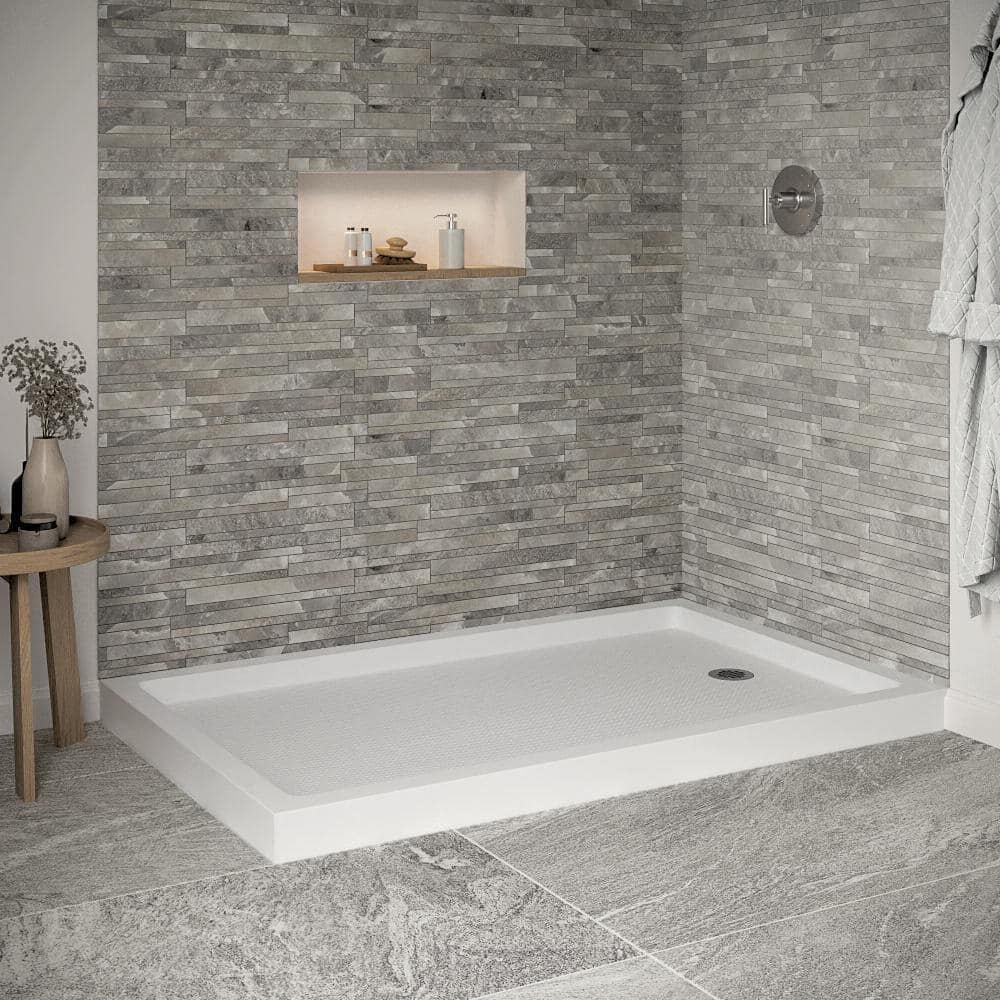 Glossy White Rectangular Acrylic Shower Base with Round Drain