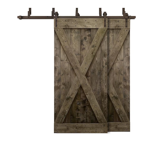 CALHOME 68 in. x 84 in. X Bypass Espresso Stained DIY Solid Knotty Wood Interior Double Sliding Barn Door with Hardware Kit
