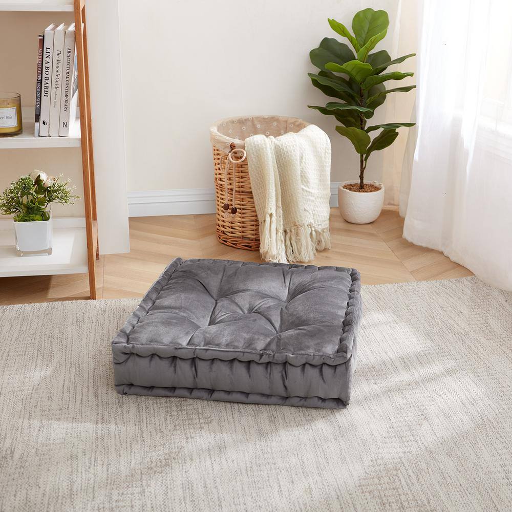 Gray Square Tufted Faux Velvet Floor Pillow