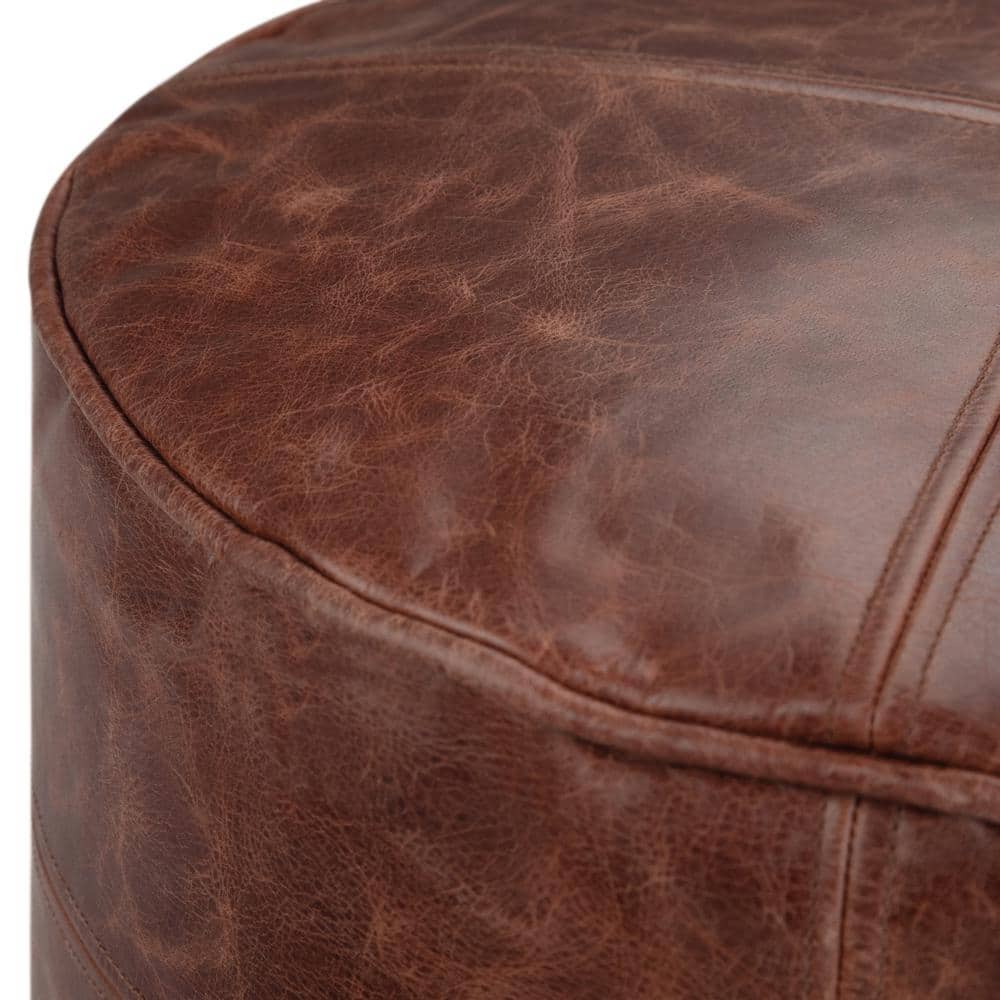 Connor Round Distressed Brown Leather Pouf