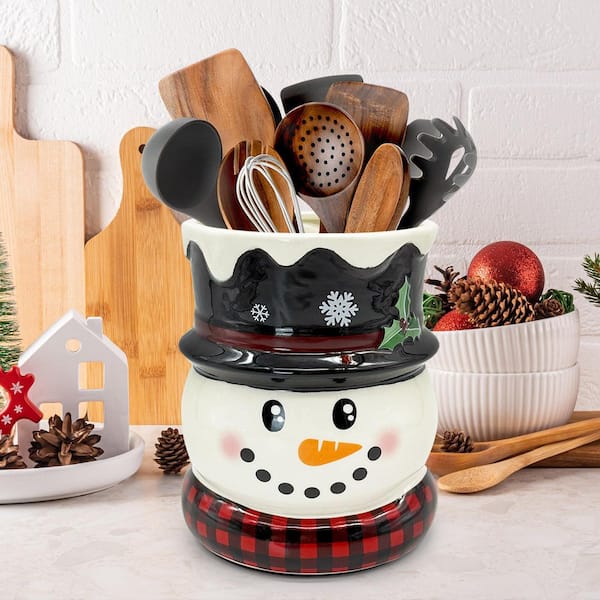 6.3 in. Christmas Snowman Ceramic Utensil Holder in White Finish, Rustic Farmhouse Kitchen Decor with Holiday Cheer