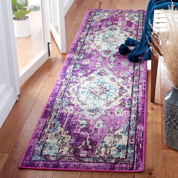 Madison Lavender/Light Blue 2 ft. x 8 ft. Border Floral Oriental Runner Rug