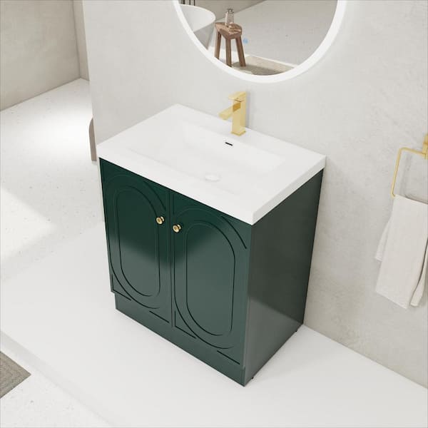 30 in. Freestanding Green Bath Vanity with White Resin Top, Bathroom Storage Cabinet with Adjustable Shelf Unassembled