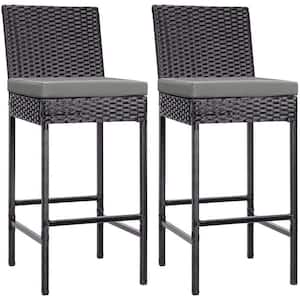 Rattan Wicker Outdoor Bar Stools with Dark Grey Cushions (2-Pack)