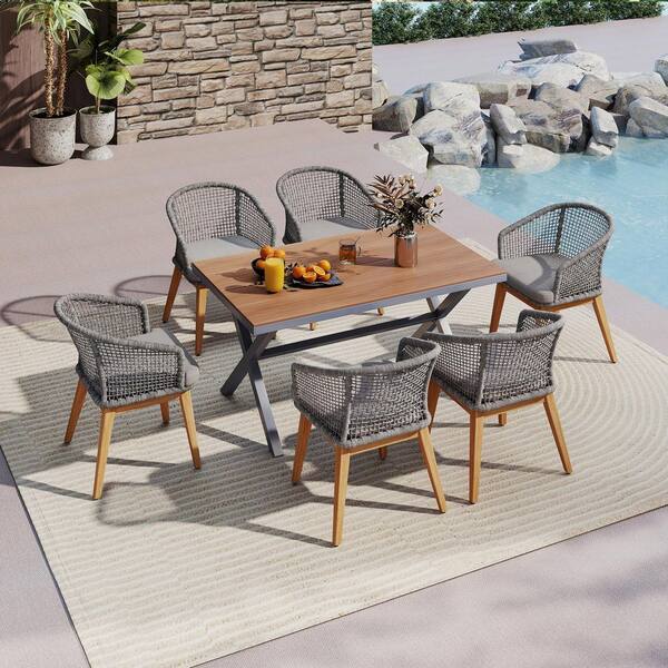 Freestyle 7-Piece Wicker & Wood Rectangular Outdoor Dining Set