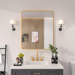 30 in. W x 36 in. H Rectangular Framed Wall Bathroom Vanity Mirror in Brass