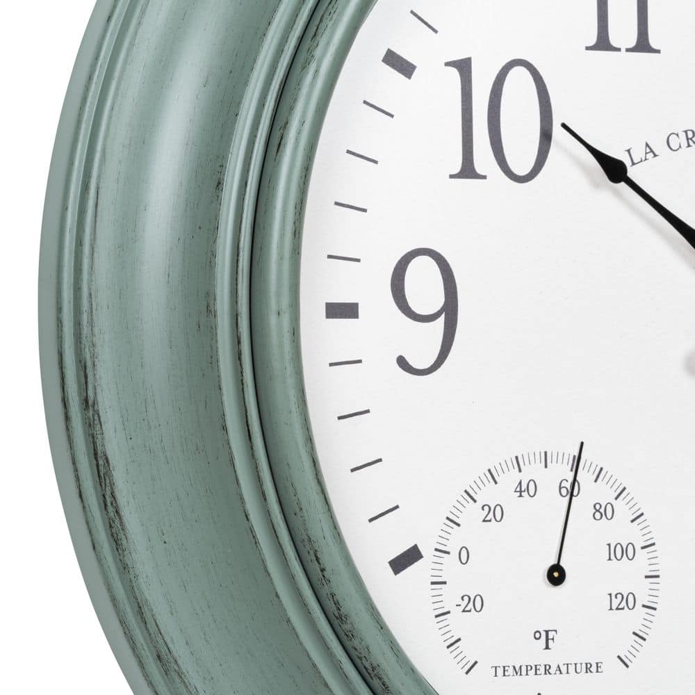 18" Sage Green Analog Quartz Wall Clock with Temperature & Humidity Gauges