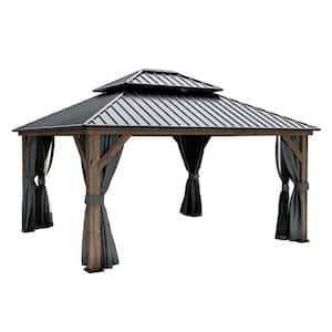 13 ft. x 15 ft. Double Roof Hardtop Coffee-Colored Wooden Outdoor Gazebo with Netting and Gray Curtains