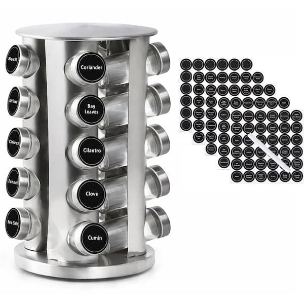 Drawer Organizer Silver Rotating Spice with 20 Piece Glass Jar Set and Label Stickers for Kitchen