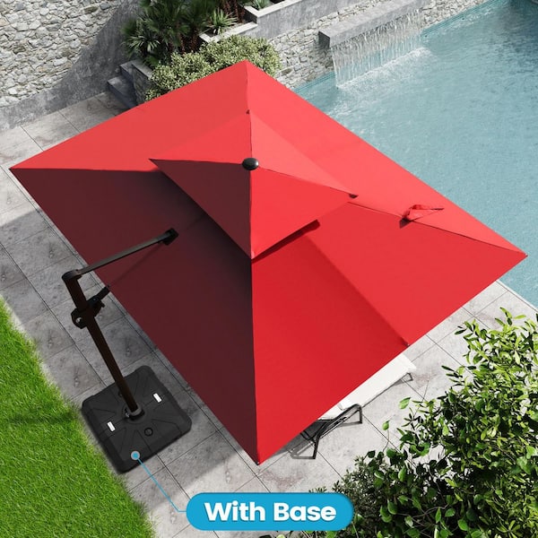 11 ft. x 9 ft. Double Top Rectangular Cantilever Patio Umbrella in Red with 260 lbs. Base Stand