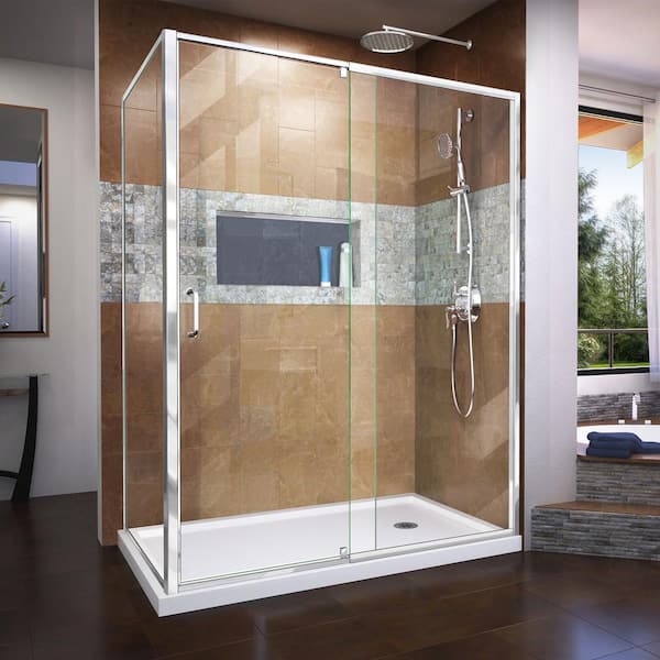 DreamLine Flex 60 in. W x 36 in. D x 74.75 in. Framed Pivot Shower Enclosure in Chrome with Right Drain White Acrylic Base Kit