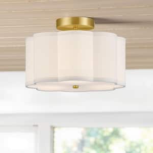12.6 in. 3-Light White LED Semi-Flush Mount Ceiling Light Fixture with Flower-Shaped Fabric Shade E26 Bases