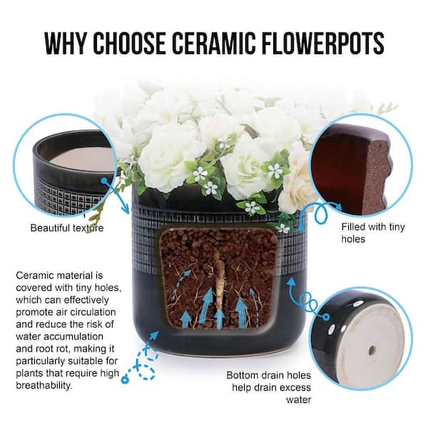 Set of 3 9.65 in. Round Black Ceramic Flower Pot with Drainage-Frost Resistant Planter for Indoor Outdoor