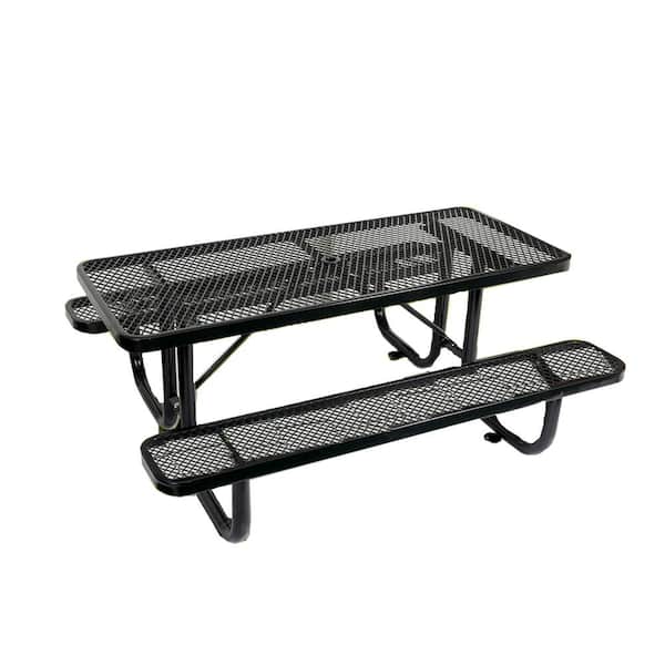 6 ft. Outdoor Garden Steel Black Picnic Table Rectangle with Umbrella Hole