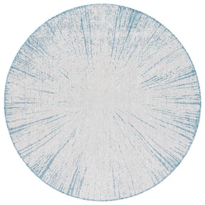 Courtyard Beige/Aqua 7 ft. Round Floral Abstract Indoor/Outdoor Area Rug