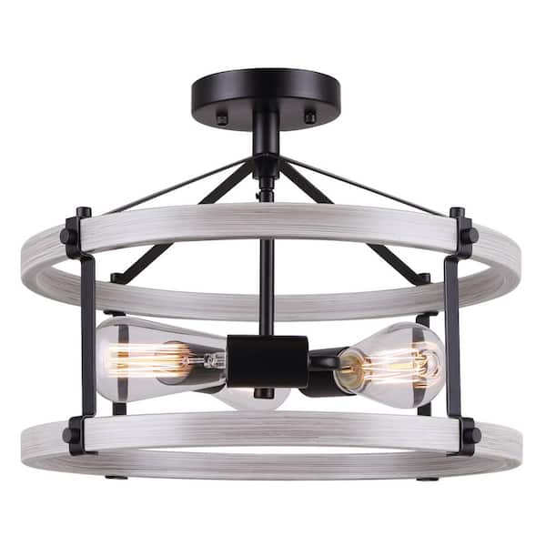 CANARM Joelle 16 in. 3-Light Matte Black and Brushed Grey Semi-Flush Mount