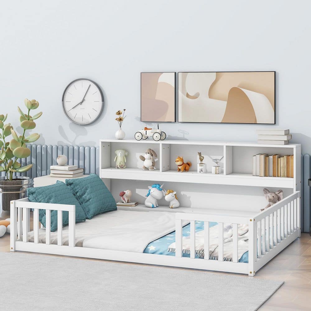 Lester White Full Size Floor Platform Bed, Kids Bed with Side Bookcase, Guardrail, Shelves price history on PriceWatchPro