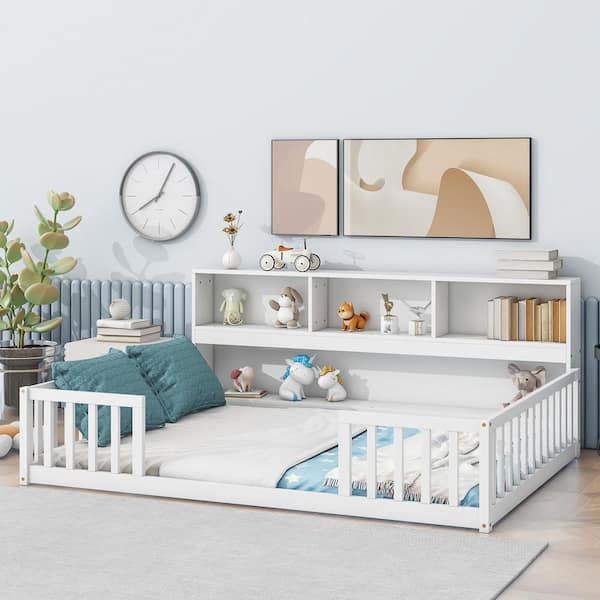 Lester White Full Size Floor Platform Bed, Kids Bed with Side Bookcase, Guardrail, Shelves
