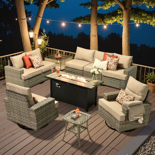 XIZZI Novique 10-Pieces Wicker Rectangular Fire Pit Sets and Swivel Rocking Chairs with Beige Cushion