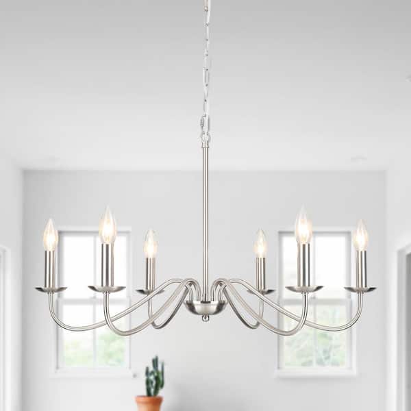 LWYTJO Ercel 6-Light Nickel Dimmable Classic Candle Rustic Linear Farmhouse Chandelier for Kitchen Island with no bulb included