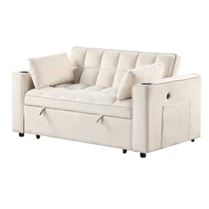 55.3 in. Square Arm Velvet Rectangle Sofa with Cup Holder and USB Port in Milk White