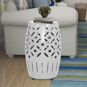 12.25 in. W x 18 in. H White Round Geometric Cut Iron Drum Accent Table