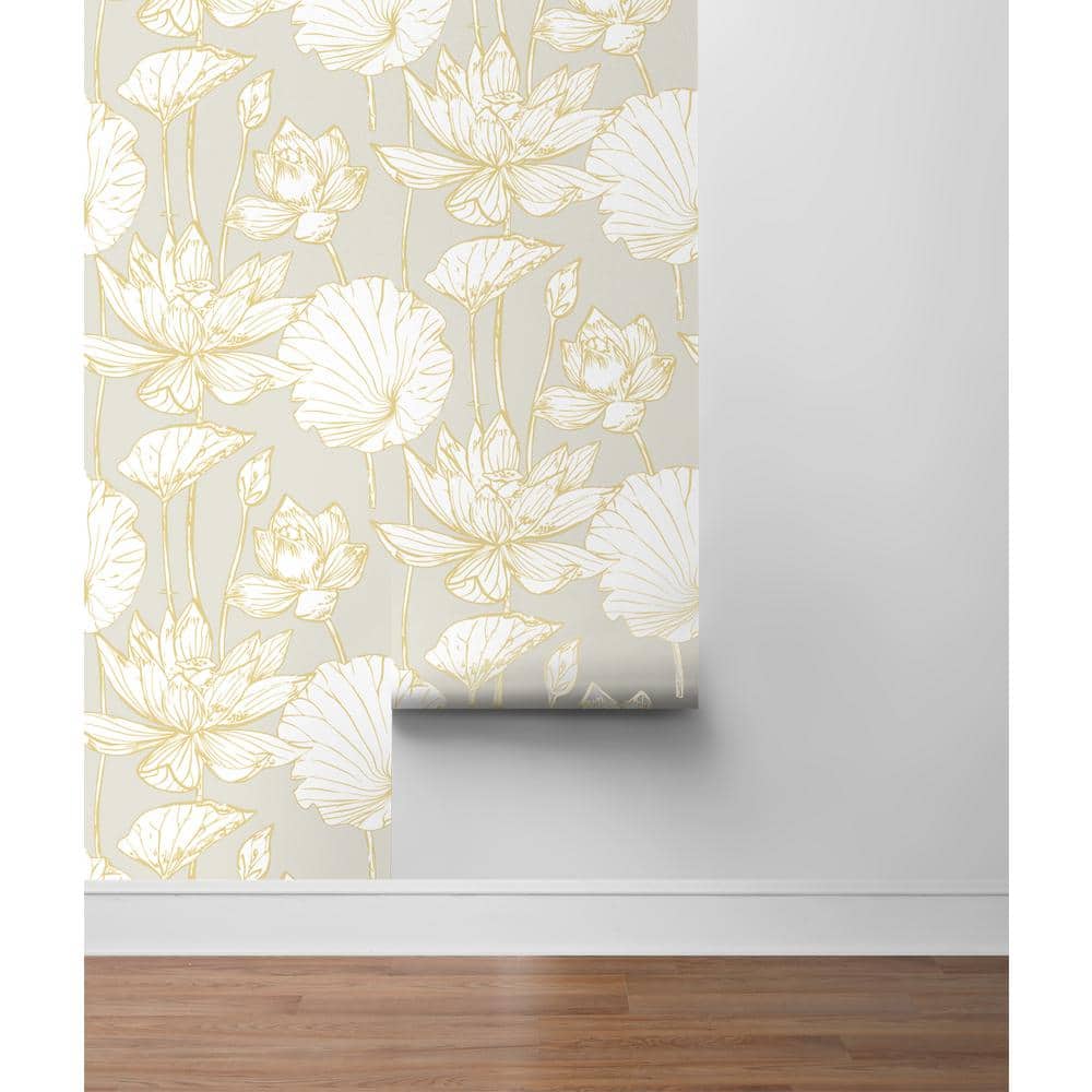 Metallic Gold and Gray Lotus Floral Peel and Stick Wallpaper