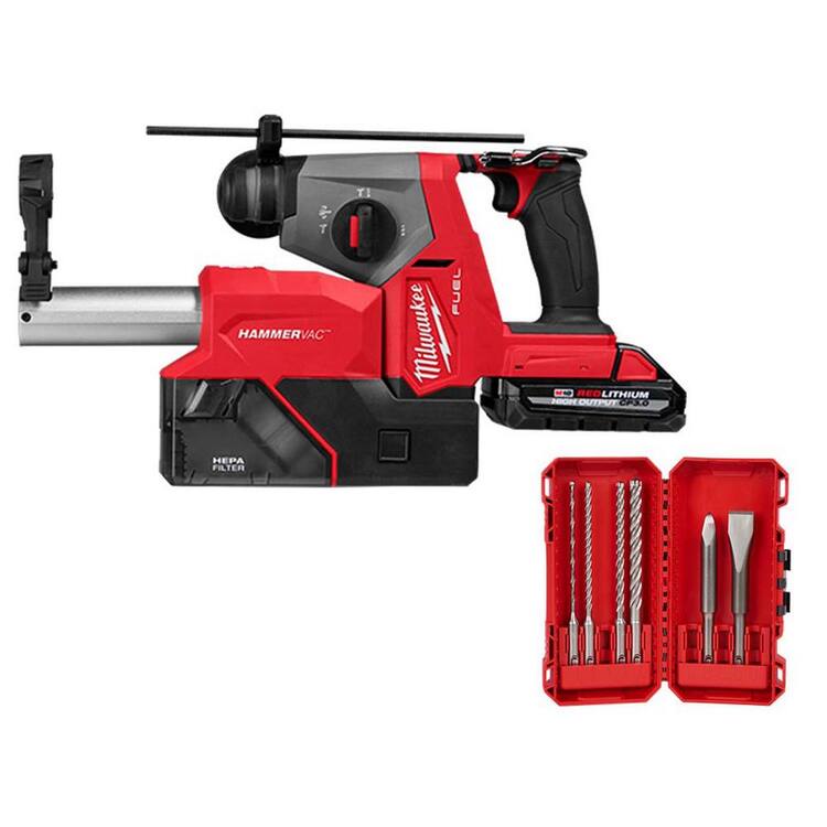 Milwaukee M18 FUEL 18V Lith-Ion Brushless Cordless 5/8 in. SDS-Plus Rotary Hammer w/ (2) Battery, & Charger w/ Drill Bit Kit