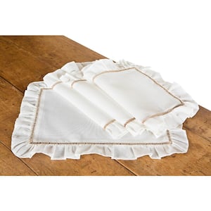 Hemstitch/Ruffle 14 in. x 20 in. Trim White and Natural Hemstitch Placemats (Set of 4)