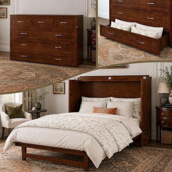 Northfield Walnut Brown Solid Wood Frame Queen Murphy Bed with Mattress and Built In Charging Station