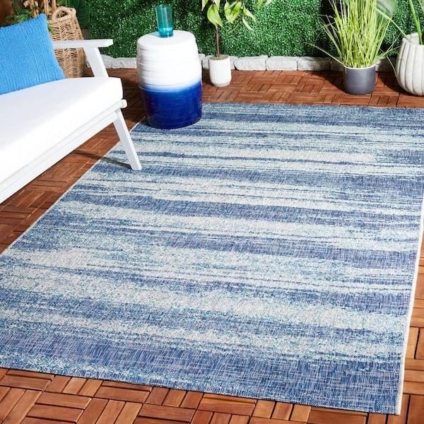 Courtyard 5 ft. x 8 ft. Gray/Blue Striped Indoor/Outdoor Area Rug