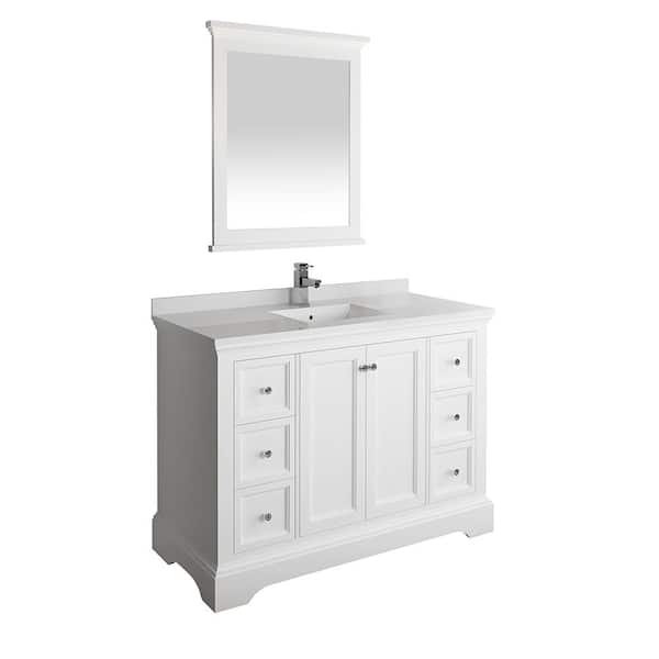 Fresca Windsor 48 in. W Traditional Bath Vanity in Matte White with Quartz Stone Vanity Top in White with White Basin, Mirror
