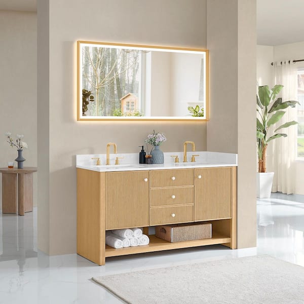 Cecil 60 in. Double Freestanding White Oak Bath Vanity with Grain White Engineered Stone Top Assembled