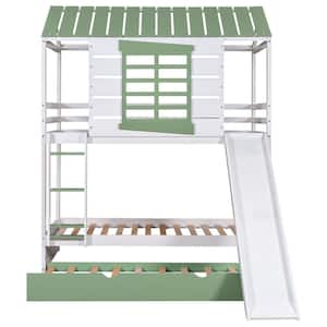 Green Twin Over Twin Size House Bunk Bed with Convertible Slide and Trundle