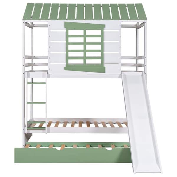 Angel Sar Green Twin Over Twin Size House Bunk Bed with Convertible Slide and Trundle