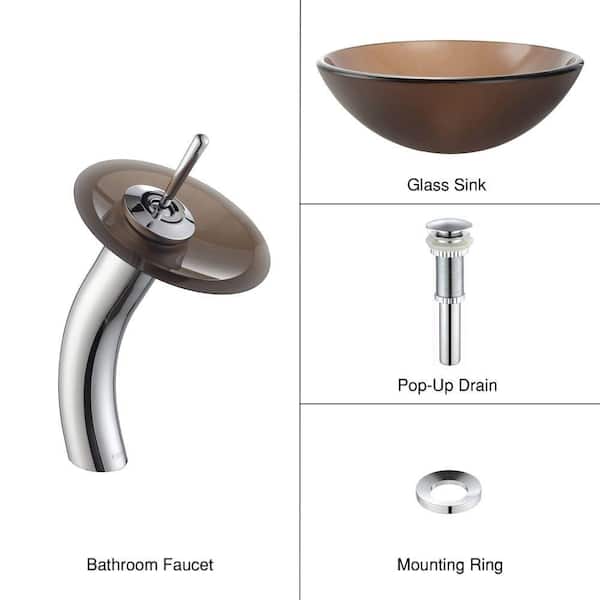 KRAUS Frosted Glass Vessel Sink in Brown with Single Hole Single-Handle Low-Arc Waterfall Faucet in Chrome