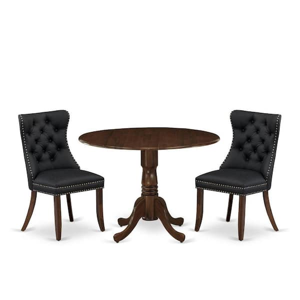 East West Furniture 3-Piece Antique Walnut Finish Solid Wood Top-Round Dining Room Set with Dropleaf-Seats 4