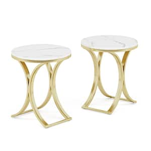 Kerlin 19.7 in. 2-Piece White and Gold Round Faux Marble Side Table End Side Table Bedside Table Small Couch Side