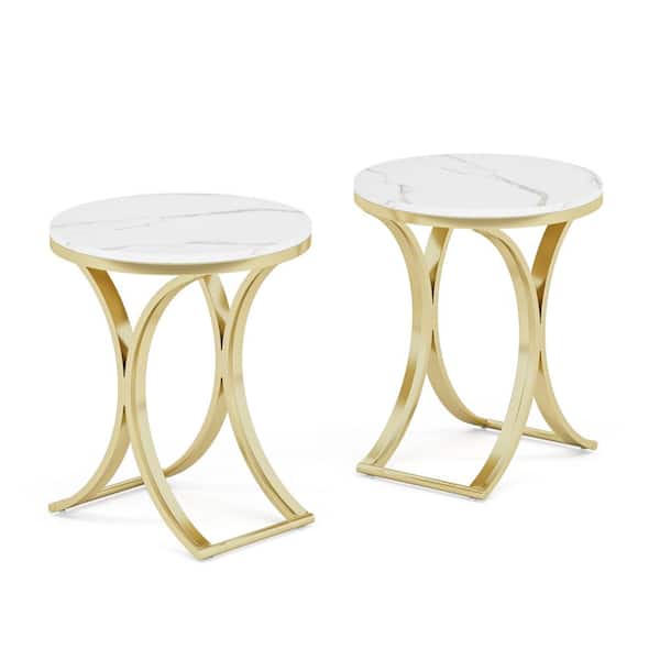 BYBLIGHT Kerlin 19.7 in. 2-Piece White and Gold Round Faux Marble Side Table End Side Table Bedside Table Small Couch Side