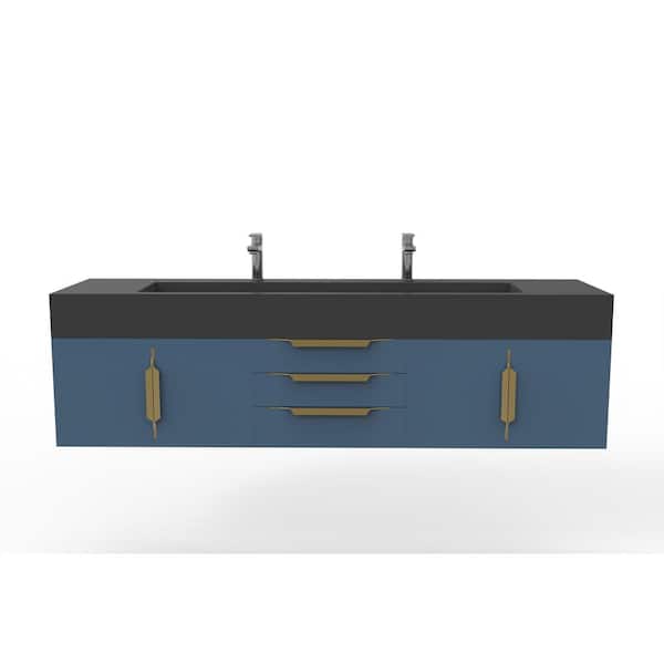 castellousa Nile 72 in. W. x 19 in. D x 20 in. H Single Bath Vanity in Matte Blue with Gold Trim and Black Solid Surface Top