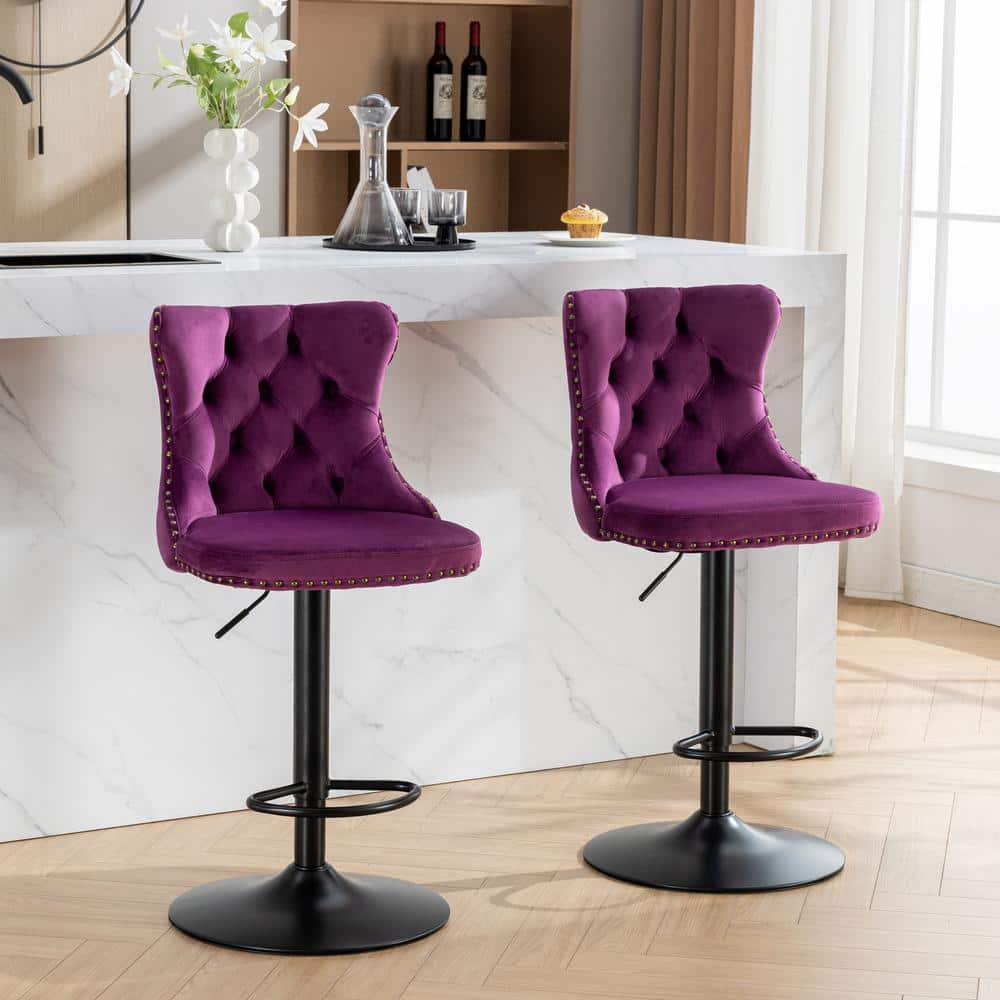 Modern Purple Metal Adjusatble Seat Height from 25-33 in. Swivel Velvet Barstools Set of 2 -  Clihome, TO-906-LB