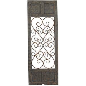 Wood Brown Window Inspired Scroll Wall Decor with Metal Scrollwork Relief